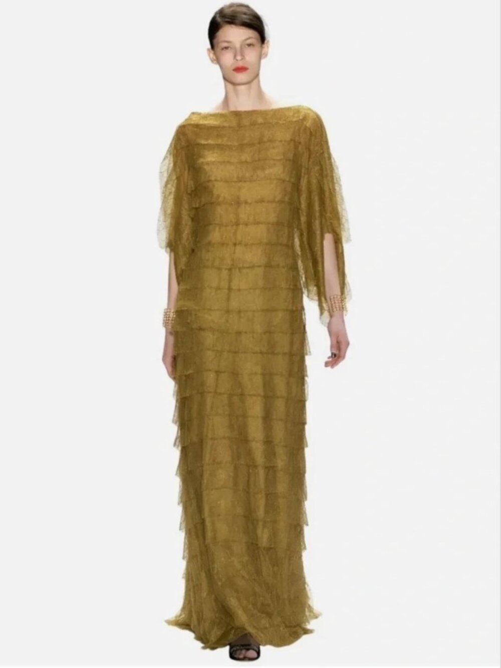 Tadashi Shoji Size 10 Gold Layered Tulle Cape Sleeve Formal Evening Gown